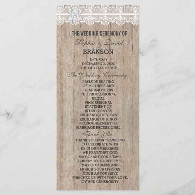 Country Wedding Lace Old Barn Wood Custom Program (Front)