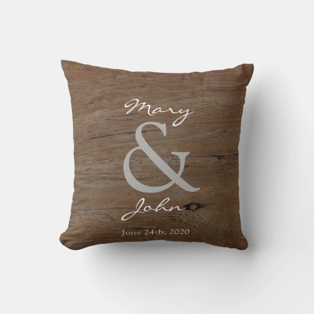 Country wedding rustic barn wood monogram names throw pillow (Front)