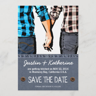 Country Wedding Save The Date Couple Holding Hands Invitation