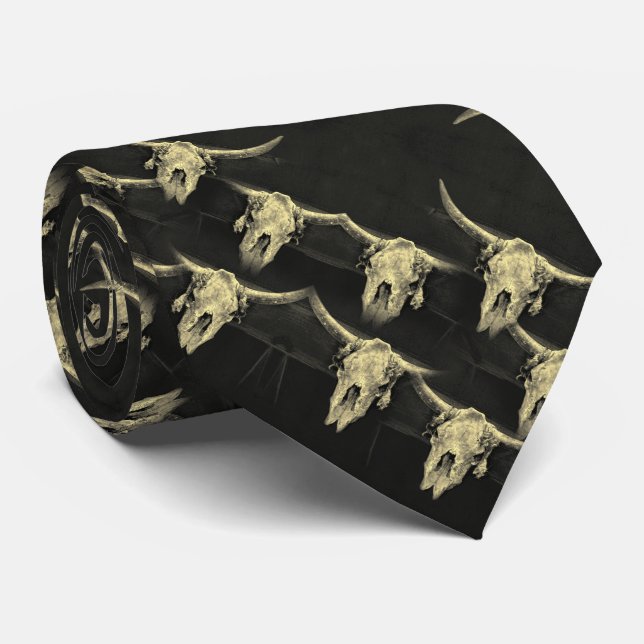 Country Western Antique Black Rustic Bull Skull Neck Tie (Rolled)