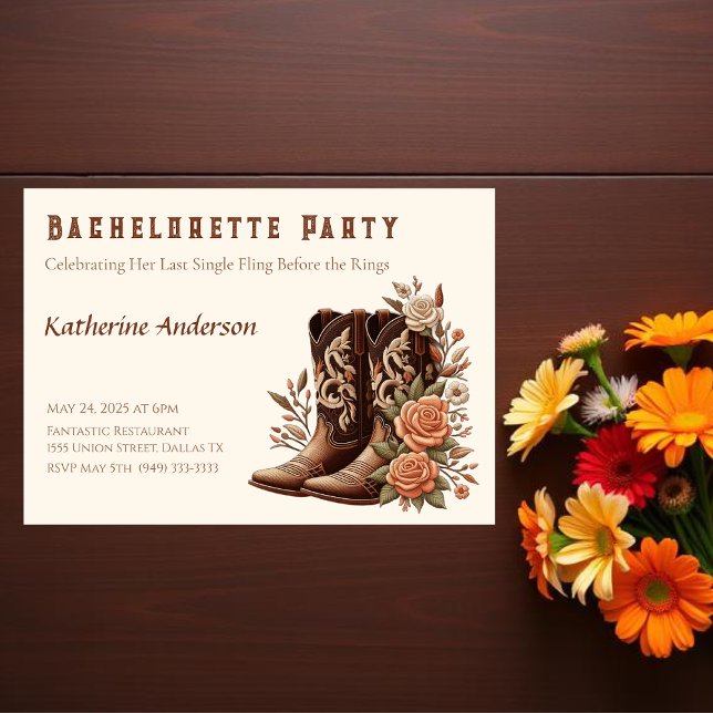 Country Western Bachelorette Party Invitation (Country Western-Flowers with Cowboy Boots-Bachelorette Party Invitation)