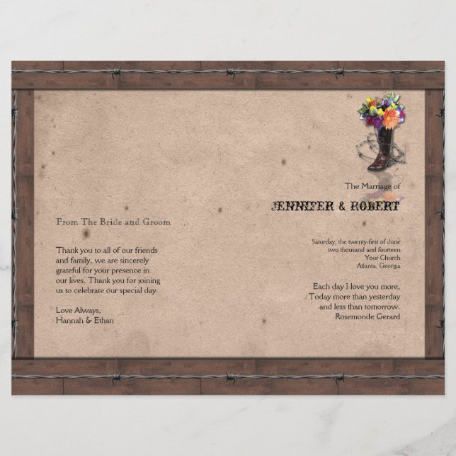 Country Western Barbed Wire Wedding Program (Front)