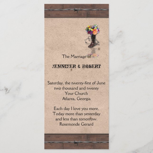 Country Western Barbed Wire Wedding Program (Front)