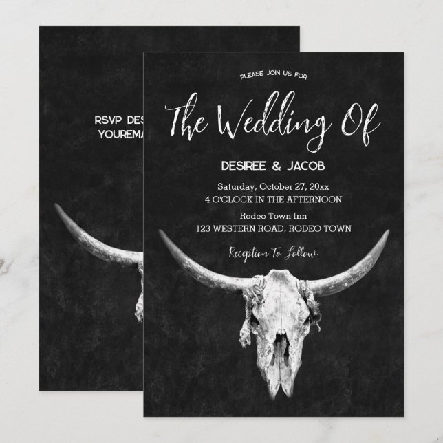 Country Western Black And White Bull Skull Invitation (Front/Back)