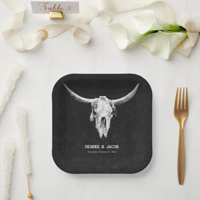 Country Western Black And White Bull Skull Paper Plates (Wedding)