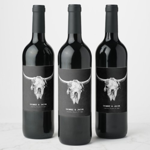 Country Western Black And White Bull Skull Wine Label