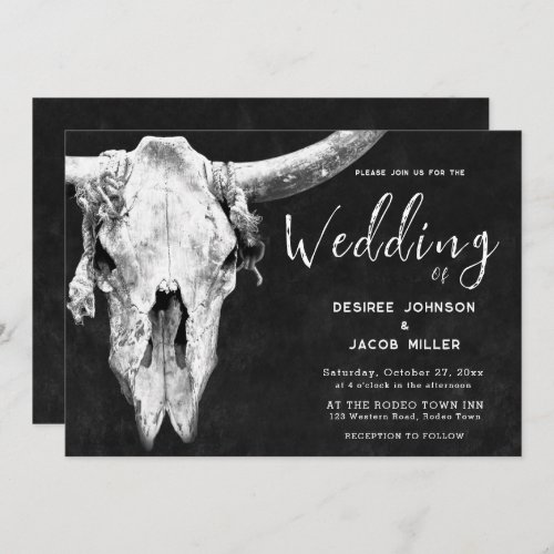 Country Western Black And White Rodeo Bull Skull Invitation