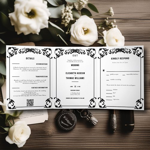 Country Western Black White Formal Trifold Wedding