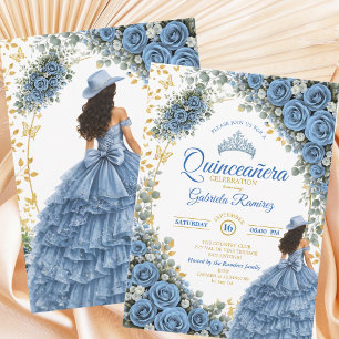 Country Western Blue Roses Golden Quinceañera Invitation