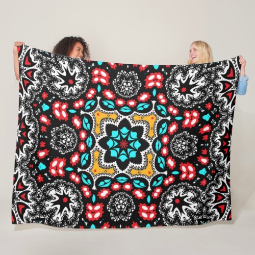 Country Western Boho Chic Elegant Red and Aqua Fleece Blanket