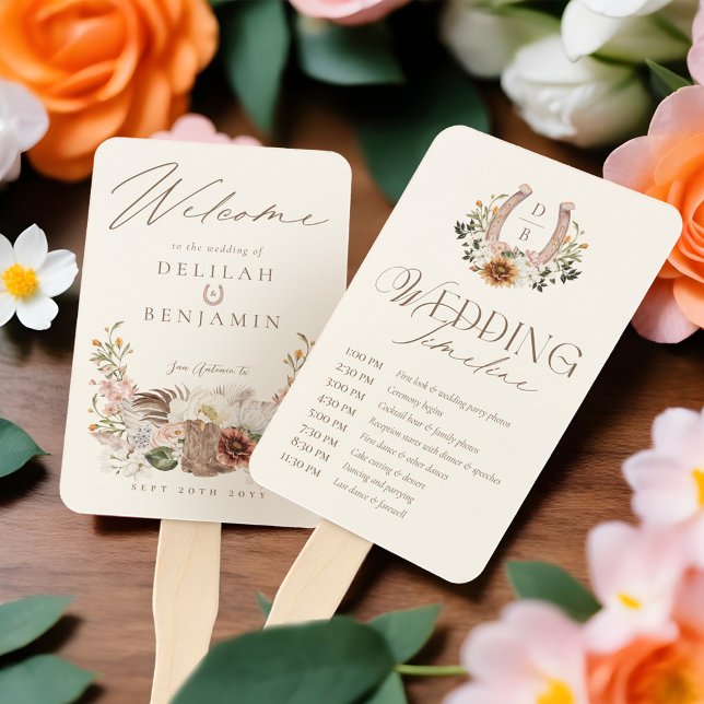 Country Western Boho Wedding Day Timeline Program Hand Fan (Country Western Boho Wedding Day Timeline Program Hand Fan (Front & Back))