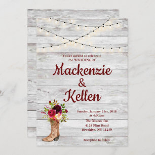 Country Western Boot Boho Rustic Marsala Wedding Invitation