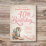 Country Western Boots 40th Birthday Invitation<br><div class="desc">Kick up your bootheels for a great girls' night with this country western birthday invitation! Features a gorgeous cowgirl boot and florals, along with vintage calligraphy. Perfect for your favorite cowgirl or country music fan on her 40th birthday. Order your printed invitations and party supplies or download your digital invitations...</div>