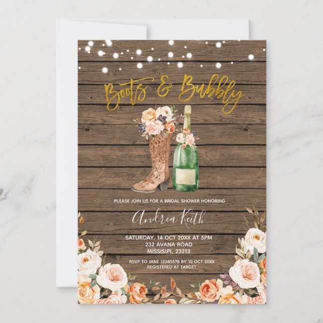 Country Western Boots and Bubbly Bridal Shower Invitation (Front)