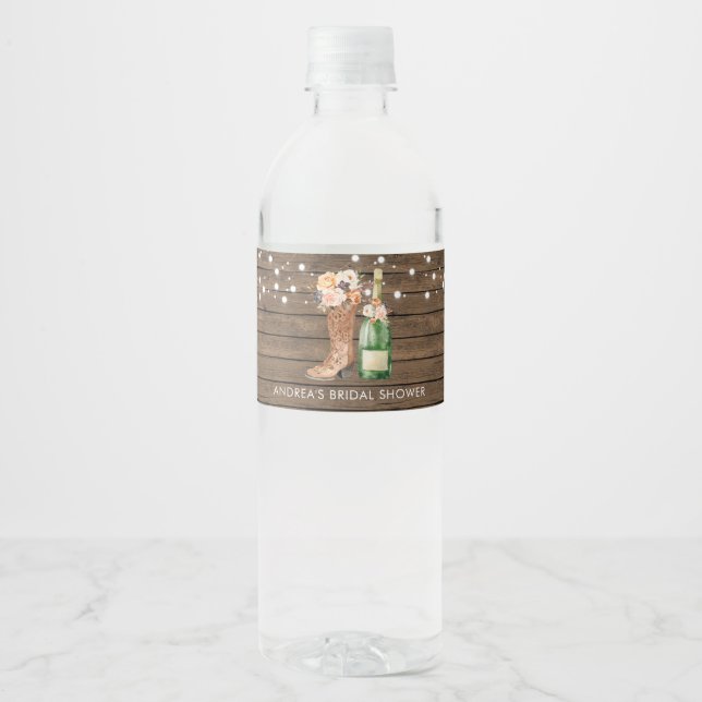 Country Western Boots and Bubbly Water Bottle Water Bottle Label (Front)