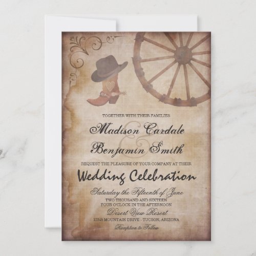 Country Western Boots Wagon Wheel Wedding Invite