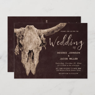 Country Western Brown Rustic Rodeo Bull Skull Invitation Postcard