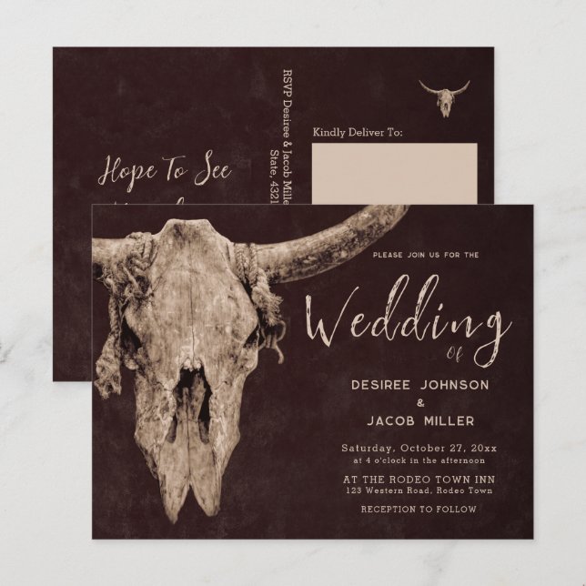 Country Western Brown Rustic Rodeo Bull Skull  Invitation Postcard (Front/Back)