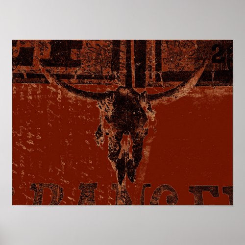Country Western Bull Skull Rust Red Vintage Poster