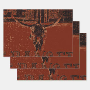 Country Western Bull Skull Rust Red Vintage Wrapping Paper Sheets