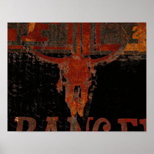 Country Western Bull Skull Rust Script Vintage Poster