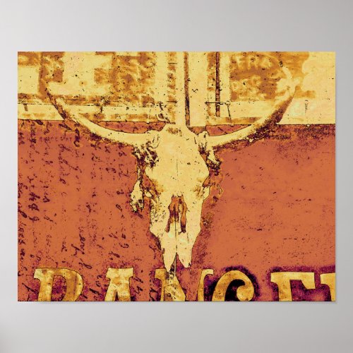 Country Western Bull Skull Yellow Brown Vintage Poster
