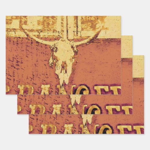 Country Western Bull Skull Yellow Brown Vintage Wrapping Paper Sheets