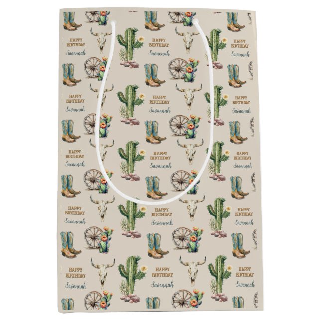 Country Western Cactus Boots Name Happy Birthday Medium Gift Bag (Front)