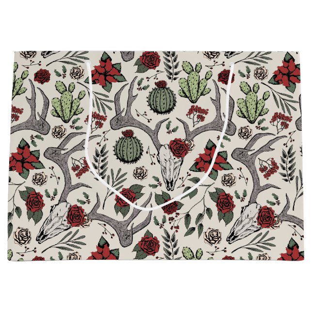 Country Western Christmas Floral Reindeer Skull Large Gift Bag (Front)