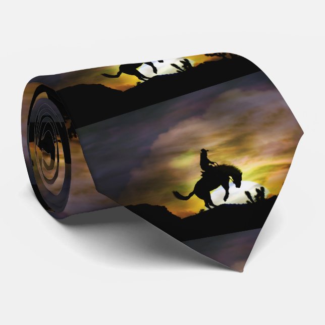 Country Western Cowboy and Bucking Horse Rodeo Neck Tie (Rolled)