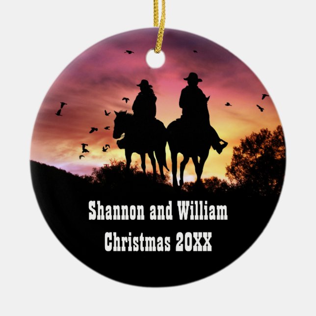 Country Western Cowboy and Cowgirl Romantic Ceramic Ornament (Front)