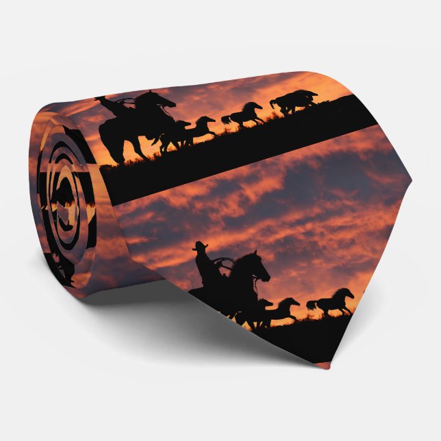 Country Western Cowboy and Horse Roundup Neck Tie (Rolled)