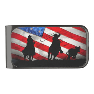 Country Western Cowboy and Horses Roping Gunmetal Finish Money Clip