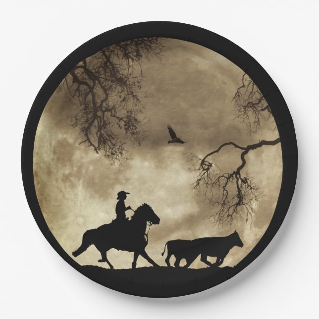Country Western Cowboy and Moon Paper Plates (Front)