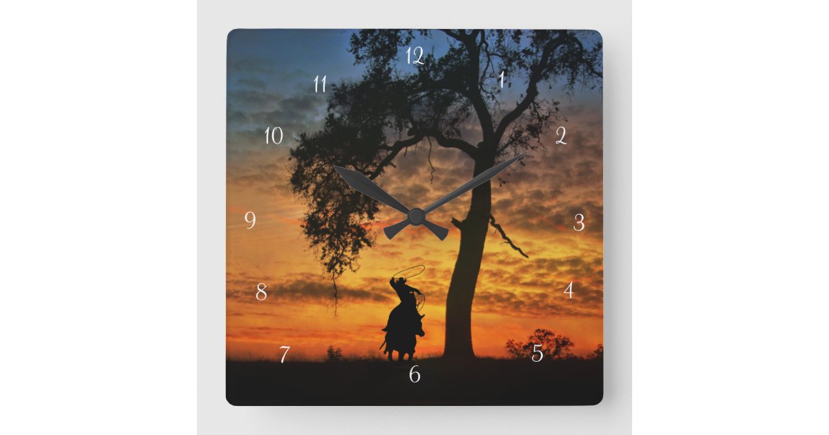 Team Roping Wall Clock Country Western Cowboy and Oak Tree Roping Square Wall Clock | Zazzle