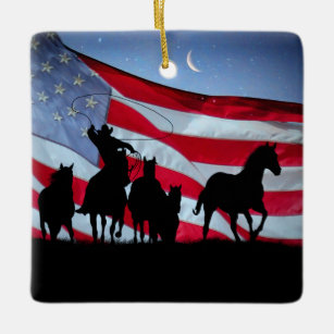 Country  Western Cowboy and Wild Horses American Ceramic Ornament