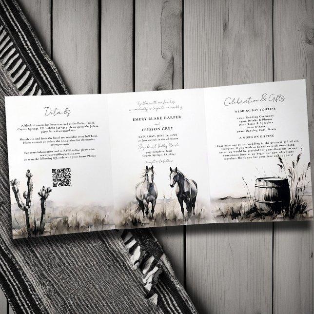 Country Western Cowboy Art Sketch All One Wedding Tri-Fold Invitation (country western wedding invitation tri fold all in one art sketch black white modern formal classic)