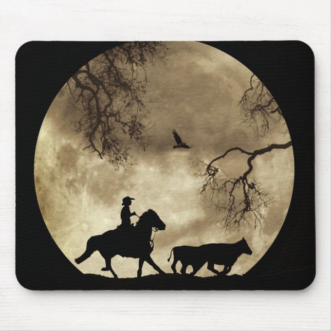 Country Western Cowboy Big Moon Riding Mouse Pad (Front)