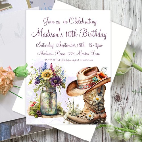 Country Western Cowboy Boots 10th Birthday       Invitation