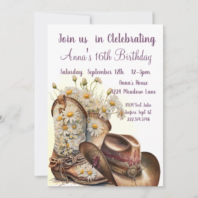 Country Western, Cowboy Boots, 16th Birthday       Invitation (Front)