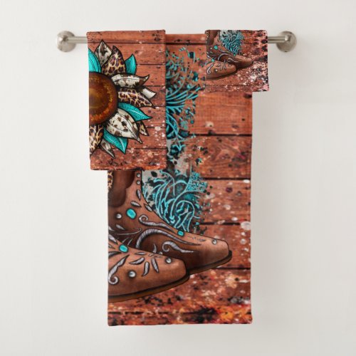 Country Western Cowboy Boots and Flower Bath Towel Set