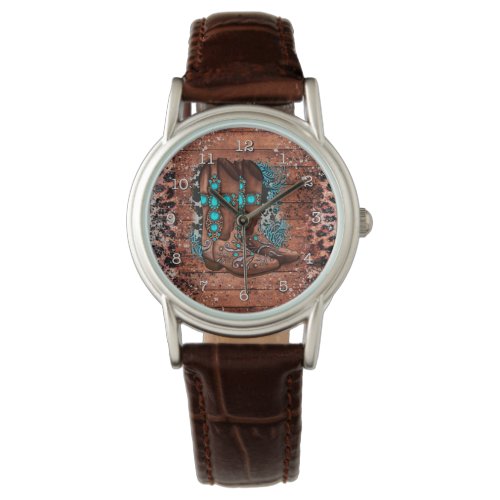 Country Western Cowboy Boots Leopard Print Teal Watch