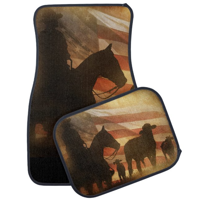 Country Western Cowboy Cattle Distressed Look Car Floor Mat (Set)
