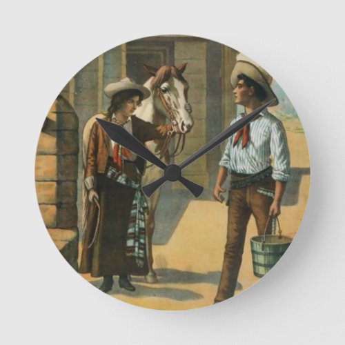 Country western cowboy cowgirl horse farm vintage round clock