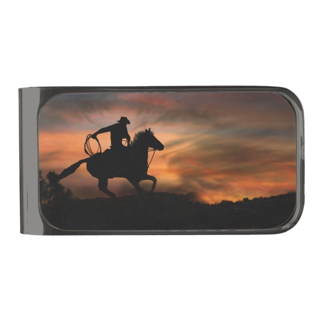 Country Western Cowboy Galloping Sunset Gunmetal Finish Money Clip (Front)