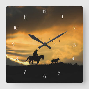 Country Western Cowboy Horse and Steer Sunrise Square Wall Clock