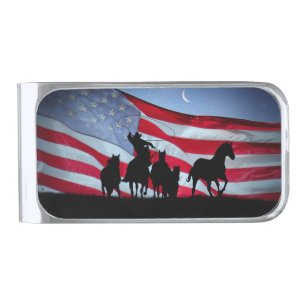 Country Western Cowboy Horses Flag Money Silver Finish Money Clip