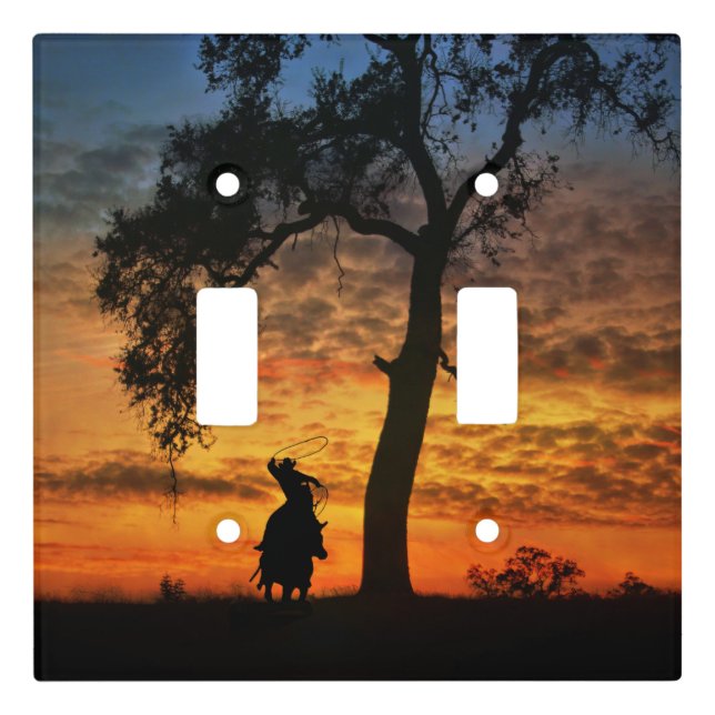 Country Western Cowboy Roping at Sunset Light Switch Cover (Front)