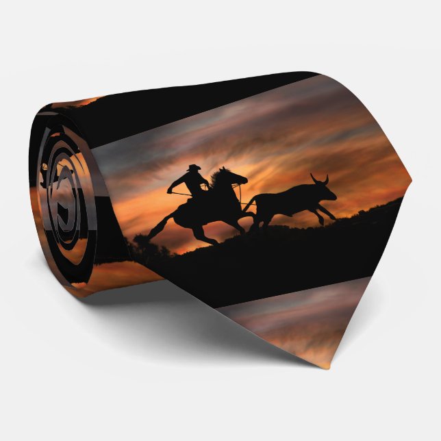 Country Western Cowboy Roping Long Horn Steer Neck Tie (Rolled)