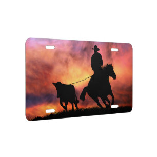 Country Western Cowboy Roping Steer and Horse License Plate